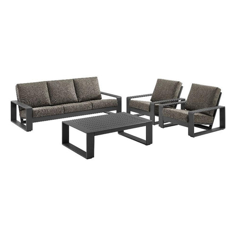 Modway Lirienne Aluminum 4-Piece Outdoor Furniture Set in Smoke – Patio Conversation Set with 3-Seater Sofa, 2 Armchairs & Coffee Table
