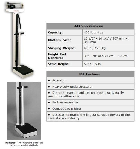 Physicians Scale, Weighbeam, 400 lb x 4 oz, Height Rod, Handpost