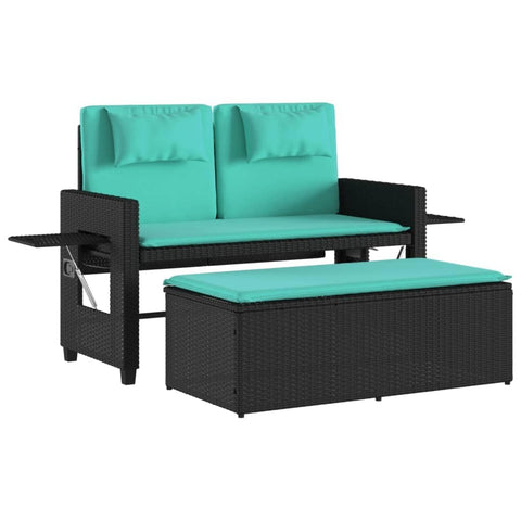vidaXL Reclining Garden Bench with Cushions | Black and Blue Multi Position Backrest & Removable Covers Weather Resistant PE Rattan Powder Coated Steel Comfortable Seating for 2 Outdoor Patio