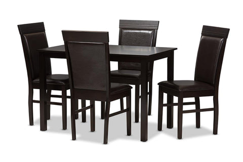 Baxton Studio Thea Modern and Contemporary Dark Brown Faux Leather Upholstered 5-Piece Dining Set Brown//Medium Wood/Contemporary/Table/Faux Leather/Solid Rubber Wood/Foam