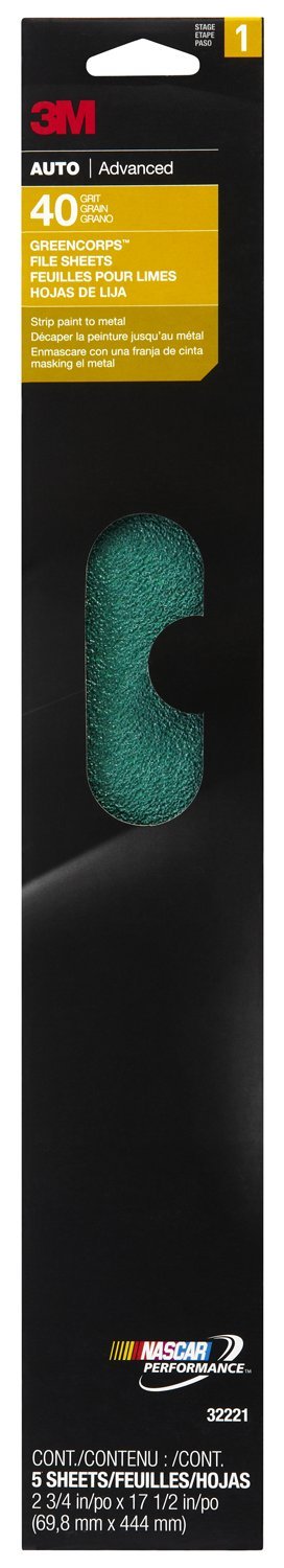 3M Green Corps File Sheets, 32221, 40 grit, 2-3/4 in x 17 1/2 in, 5 sheets per pack