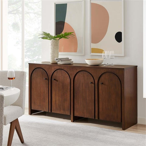 Modway Appia 71 Inch 4 Door Storage Cabinet in Walnut Wood Veneer - Arched Door Accent Credenza -Modern Sideboard - Adjustable Shelf Buffet - Mid-Century Storage Furniture - Console TV Stand