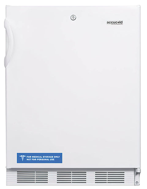 Freestanding ADA compliant refrigerator-freezer for general purpose use with dual evaporator cooling cycle defrost lock and white exterior