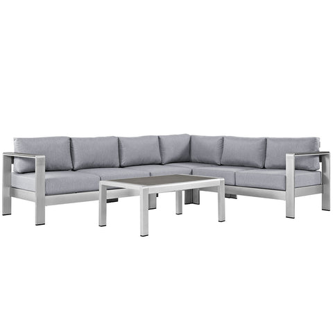Modway Shore 5-Piece Aluminum Outdoor Patio Sectional Sofa Set in Silver Gray