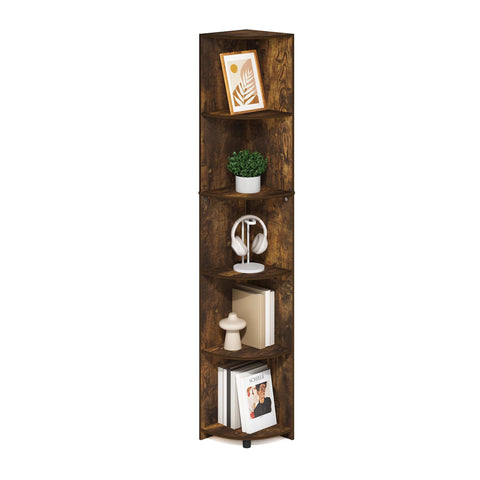 Furinno ECON Corner Shelf, 5-Tier Corner Book Shelf, Storage Shelves, Display Rack, Bookshelf, for Organization and Storage, Living Room, Home Office, Amber Pine