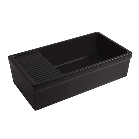 Whitehaus WHQD540-M-Black Farmhaus Fireclay Quatro Alcove Large Reversible Matte Sink with Integral Drainboard and Decorative 2 ½" Lip on Both Sides