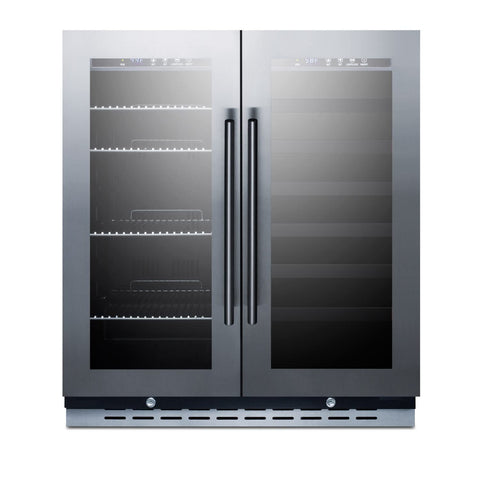 Summit 30” Wine Cellar/Beverage Center Combination Unit, 33 Bottle Capacity, 5.8 cu.ft. Capacity, Built-In Commercial Beverage Center, French Doors, Stainless Steel- SWBV3067B