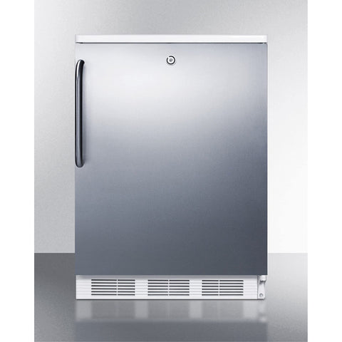 Freestanding refrigerator-freezer for general purpose use with lock dual evaporator cooling cycle defrost SS door towel bar handle and white cabinet