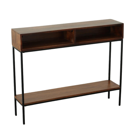 Carolina Chair & Table Elias Rectangular Console Table with Shelf and Cubbies - Industrial Metal Frame, Hand Finish Solid Wood Table - Modern Storage Furniture for Bedroom, Entryways (Chestnut/Black)