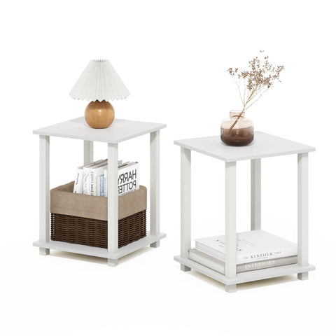Furinno Simplistic Side Table Set of 2, 2-Tier Square Modern End Table, Nightstand, Night Stand, Bedside Table, Toolless Assembly, for Living Room, Bedroom, White
