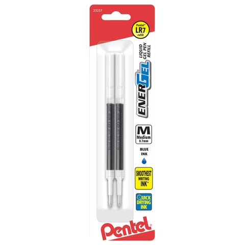Pentel Refill Ink For ENER-GEL and Lancelot Gel Pen, 0.7mm Metal Tip, Blue Ink, 2 Per Pack (LR7BP2C)