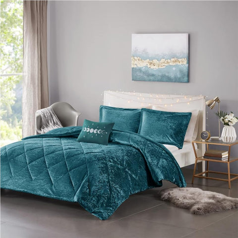 Oakestry 4pc King Duvet Cover Set Velvet Diamond Quilting Duvet Set Cover, Fluffy Duvet Cover with Decorative Pillow and 2 Shams, Teal, King/Cal King