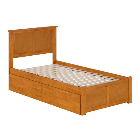 Madison Twin Solid Wood Platform Bed with Footboard & Storage Drawers in Light Toffee