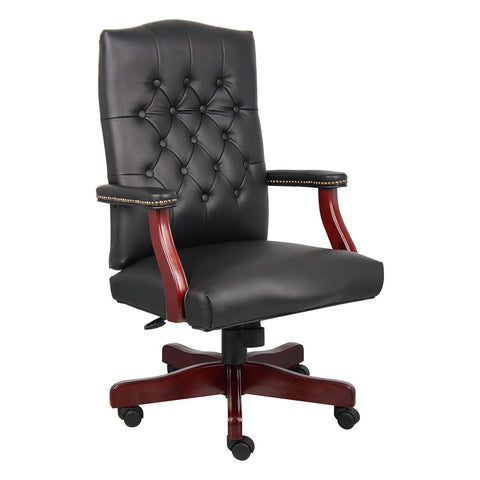 Oakestry Classic Executive Chair Black Caressoft Upholstery Mahogany Wood Finish High Back Swivel Ergonomic Chair Desk Seating with Upholstered Armrests Adjustable Tilt Lock Comfort Support Chair