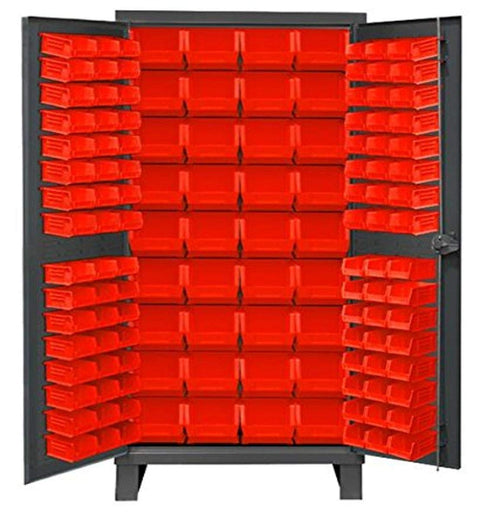 Durham 3702-132-1795 Lockable Cabinet with 132 Red Hook-On Bins, Flush Door Style, 36" Wide, 14 Gauge, Gray
