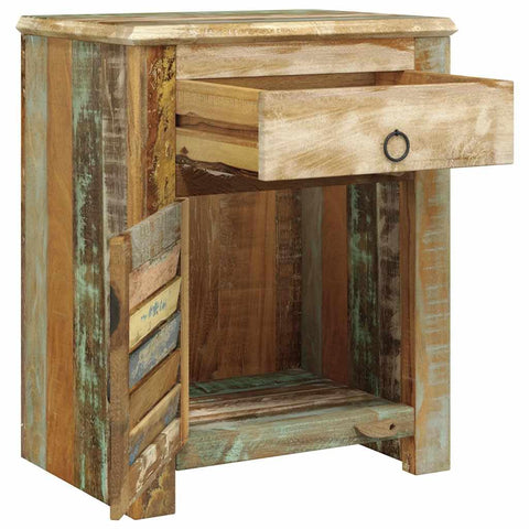 vidaXL Solid Reclaimed Wood End Table – Handmade Antique-Style Cabinet with 1 Drawer & 1 Door, Iron Ring Pulls, Multicolor Side Table for Living Room, 17.7"x13"x21.7"