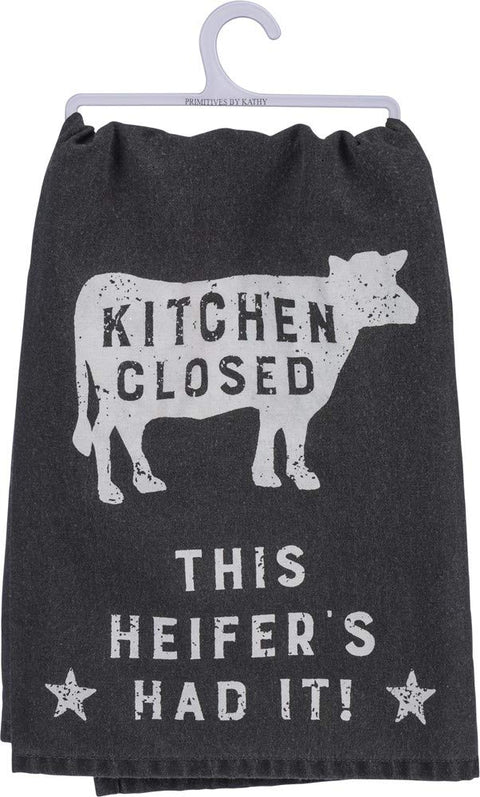 Primitives by Kathy Black and White Cotton Home Décor Dish Towel, 28" Square, Kitchen Closed - This Heifer Has Had It