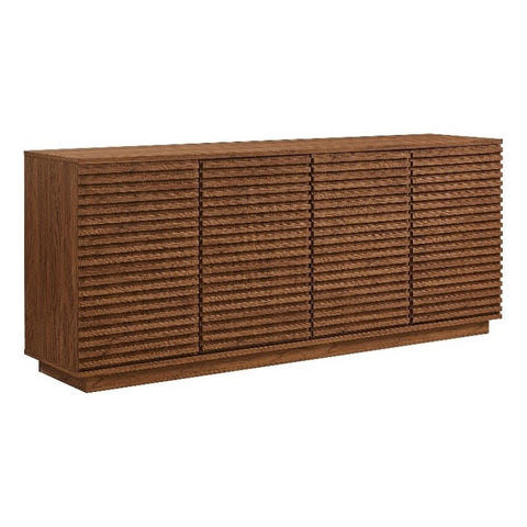 Modway Render 71 Inch Mid-Century Modern Sideboard Buffet Table in Walnut — Fluted 4-Door Credenza Storage Cabinet — High TV Stand with Cable Management for Wall Mounted TVs