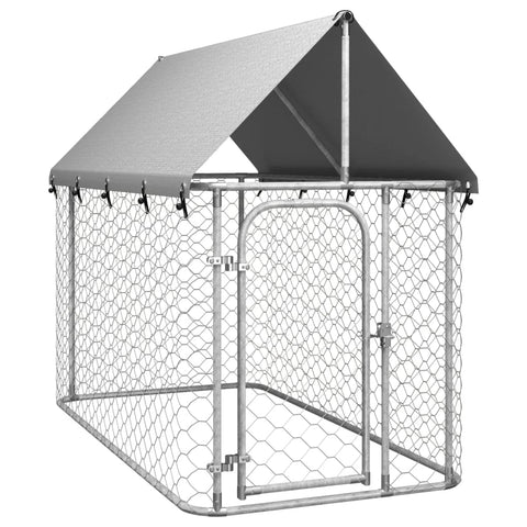 vidaXL Outdoor Dog Kennel with Roof, Heavy-Duty Galvanized Steel Construction, Roomy Play Paradise, UV Protected and Fire- Canopy - Silver