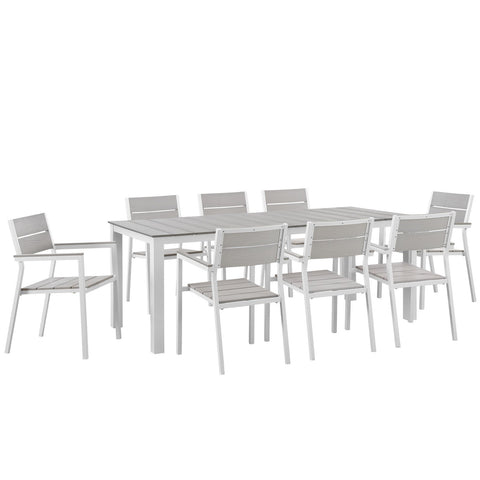 Lexmod Maine 9 Piece Outdoor Patio Dining Set in White Light Gray