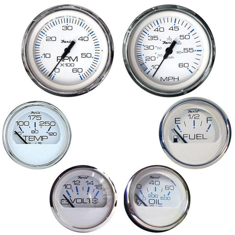 Faria Beede INSTRUMENTS Faria KTF001 Chesapeake Stainless Steel Inboard 6-Gauge Boxed Set - Speedometer/Tachometer/Fuel Level/Voltmeter/Water Temp/Oil PSI, White