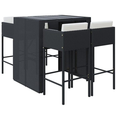 vidaXL Outdoor Patio Bar Set with Cushions - 5 Piece, Black Poly Rattan Garden Furniture with Rectangular Table and Bar Stools, Versatile for Garden, Patio, Indoor
