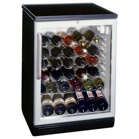 Commercially approved wine cellar for freestanding use with glass door, lock, and black cabinet