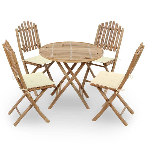 vidaXL 5-piece Bamboo Folding Patio Dining Set - Cushions - Round Table - Weather- - Garden/Outdoor