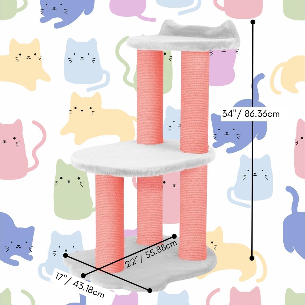 34 Inch Classic Comfort for Indoor Modern Premium Cats and Kittens Scratching Tower Larger Base for Better Stability, (Furs: White, Rope: Pink)