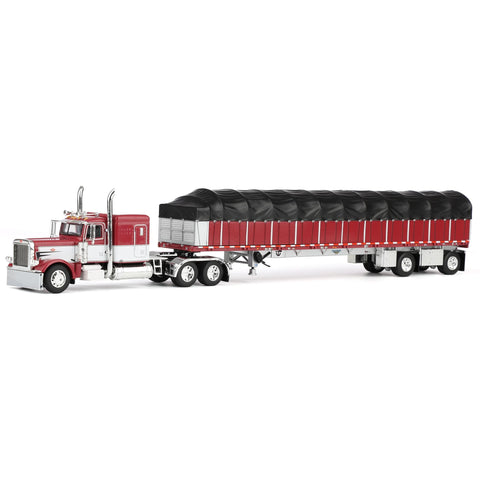 First Gear DCP 1/64 Peterbilt 389 63" Flat Top Sleeper Bunk Truck with Wilson Roadbrute 53" Flatbed Spread-Axle Trailer with Covered Wagon 60-2058