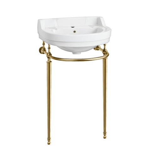 22 Inch Semi Circular Bowl Wall Mount Bathroom Vanity Sink with Brass Supporting Leg, 1 Hole Faucet Opening, Backsplash, Overflow, Included Front Towel Bar Rack, White with Polished Brass Legs