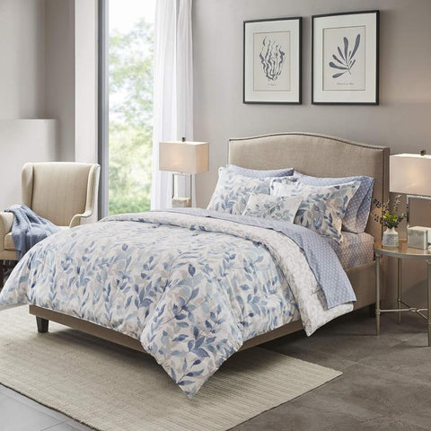 Oakestry 8-Piece Botanical Print All Season Bed-in-A-Bag Comforter Set Floral Comforter and Sheet Set with Cover, Sham, and Decorative Pillow, Full(78"X86"), Blue