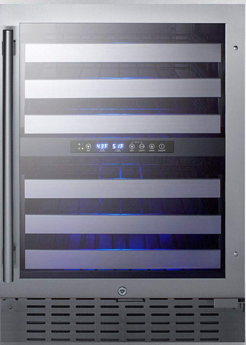 Summit Appliance SWC532BLBISTCSS 24" Wide Built-In Wine Cellar; Automatic Defrost; 46 Bottles; Full-extension Shelving; Two Temperature Zones; Digital Control Panel; Factory Installed Lock