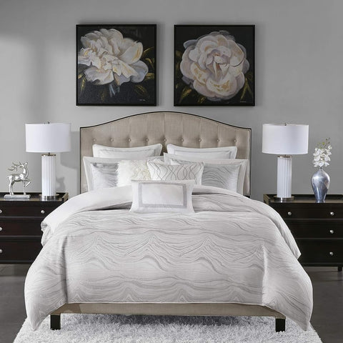 Oakestry Cozy Comforter Set for All Season Elegant and Beautiful Duvet Cover, Shams, Decorative Pillows, Metallic White King(110"X96") 10 Piece