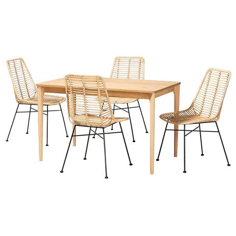 Baxton Studio Manhattan Rattan and Natural Oak Wood 5-Piece Dining Set