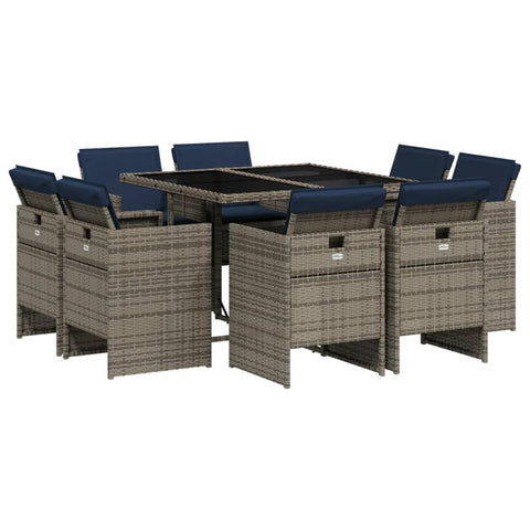 vidaXL 9-Piece Gray Patio Dining Set - PE Rattan & Tempered Glass for Outdoor, Garden, Backyard - Foldable Chairs, Cushions Included
