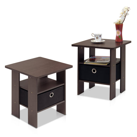 Furinno Andrey Set of 2 End Table / Side Table / Night Stand / Bedside Table with Bin Drawer, Dark Brown/Black