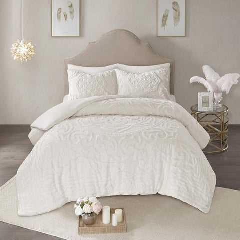Oakestry 2Pc Laetitia Shabby Chic Comforter Bohemian Tufted Cotton Chenille Medallion All Season with Comforter Sham, Twin/Twin XL(68"X92"), Off White