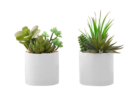 Monarch Specialties I 9588 Artificial Plant, 7" Tall, Succulent, Indoor, Faux, Fake, Table, Greenery, Potted, Set of 2, Decorative, Green Plants