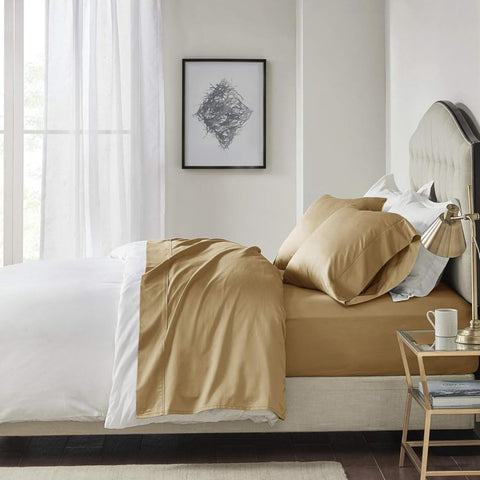 Oakestry 4 Pc Comfy Breathable 600-Thread-Count Hypoallergenic Sateen Deep Pocket Bed Silky and Soft Sheet Set, Single-line Baratta Hemstitch, California King, Gold