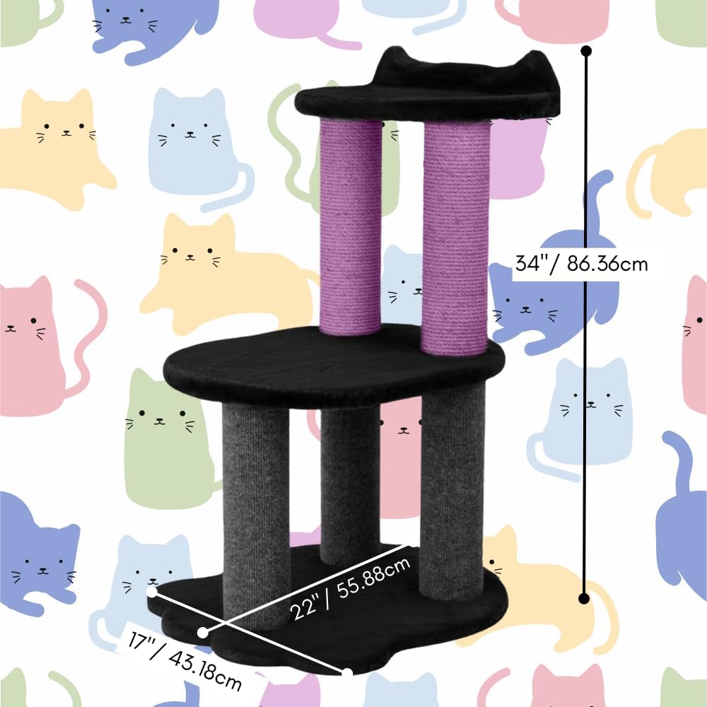 34 Inch Classic Comfort for Indoor Modern Premium Cats and Kittens Scratching Tower Larger Base for Better Stability, (Furs: Black, Rope: Purple)