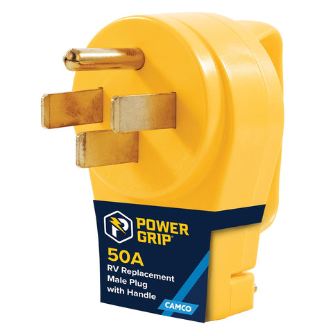 Camco Power Grip 50 Amp Replacement Plug - Head Attaches to Existing RV Extension Cord - Features 50 Amp RV Plug (NEMA 14-50P) with Ergonomic Designed Handle - Rated 125-250V/12,500W (55255)