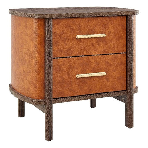 Modway Coralie Curved Vegan Leather Nightstand with Drawers in Walnut Tan – Large 2-Drawer Bedside Table with Wood Grain Finish – Vintage Modern End Table for Bedroom