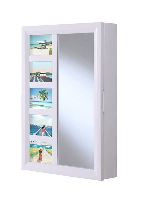 Proman Products Venice Wall Mount Jewelry Armoire, Jewelry Cabinet, Jewelry Storage WM17231 with Photo Frame, Mirror, Drawers, 16" W x 23" H x 4.75" D, White