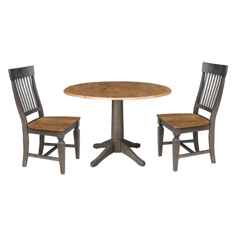 IC INTERNATIONAL CONCEPTS Wood 42 in. Round Drop Leaf Dining Table with 2 Chairs in Hickory/Washed Coal
