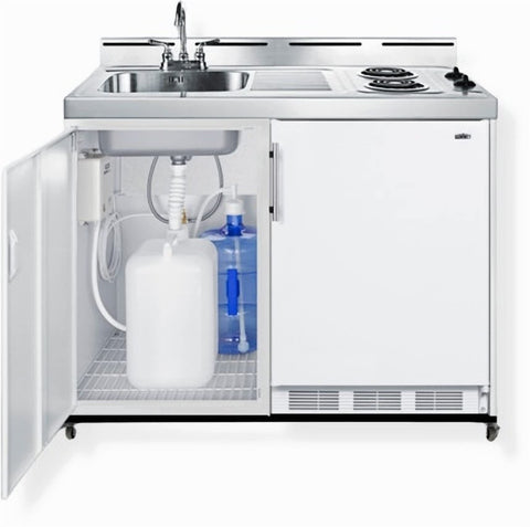 48 inches wide mobile all-in-one kitchenette with 2-burner 115V coil cooktop refrigerator-freezer and no-plumbing sink with water pump kit included for areas without direct water lines