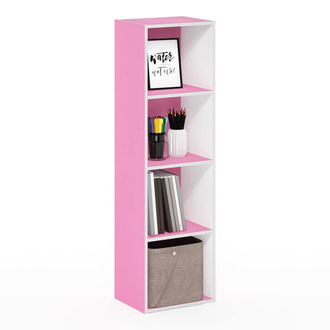 Furinno PASIR Book Shelf, 4-Tier Modern Bookshelf, Open Shelves Bookcase 9 x 12 x 42, Easy Assembly, for Living Room, Bedroom, Home Office, Pink/White