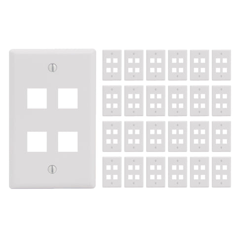 ICC 4-Port Keystone Wall Plate (25 Pack), UL Listed, Durable ABS Plastic, Single Gang Wall Plate for RJ45 Modular Jack and Inserts, White