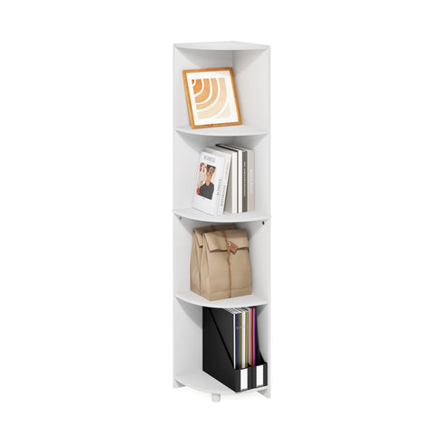 Furinno ECON Corner Shelf, 4-Tier Corner Book Shelf, Storage Shelves, Display Rack, Bookshelf, for Organization and Storage, Living Room, Home Office, White