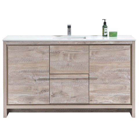 KubeBath Dolce 60? Nature Wood Modern Bathroom Vanity with White Quartz Counter-Top